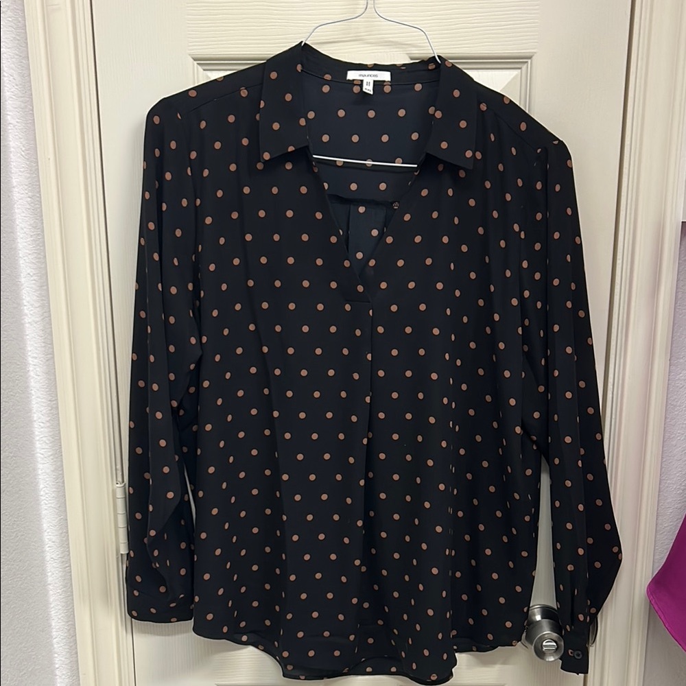 Maurices Black Blouse with Brown Polka Dots